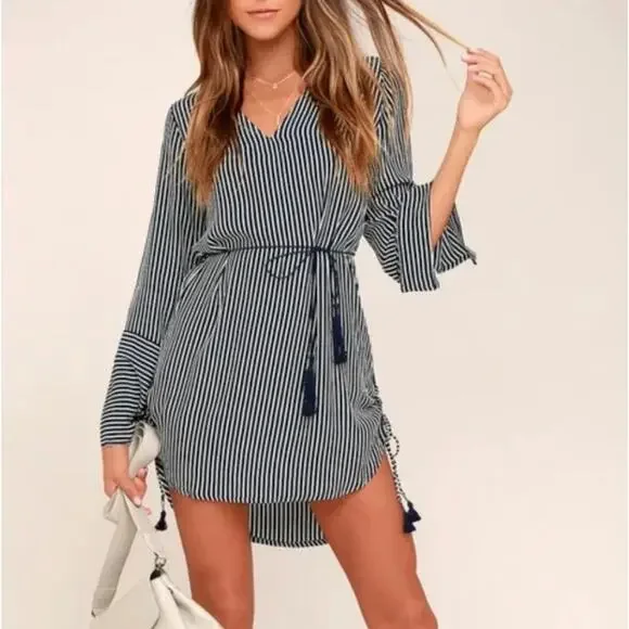 FAITHFULL THE BRAND Neroli Navy Blue Striped Long Sleeve Dress Tassel {TT35} - Picture 1 of 7